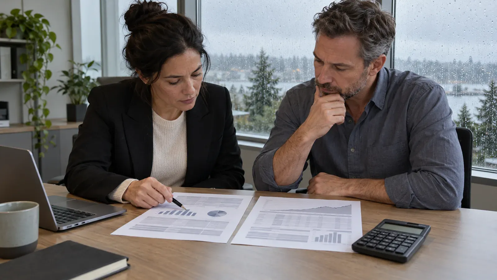 Accountant and company owner comparing two printed financial statements side by side at a desk with a calculator, Seattle office with rain on the window