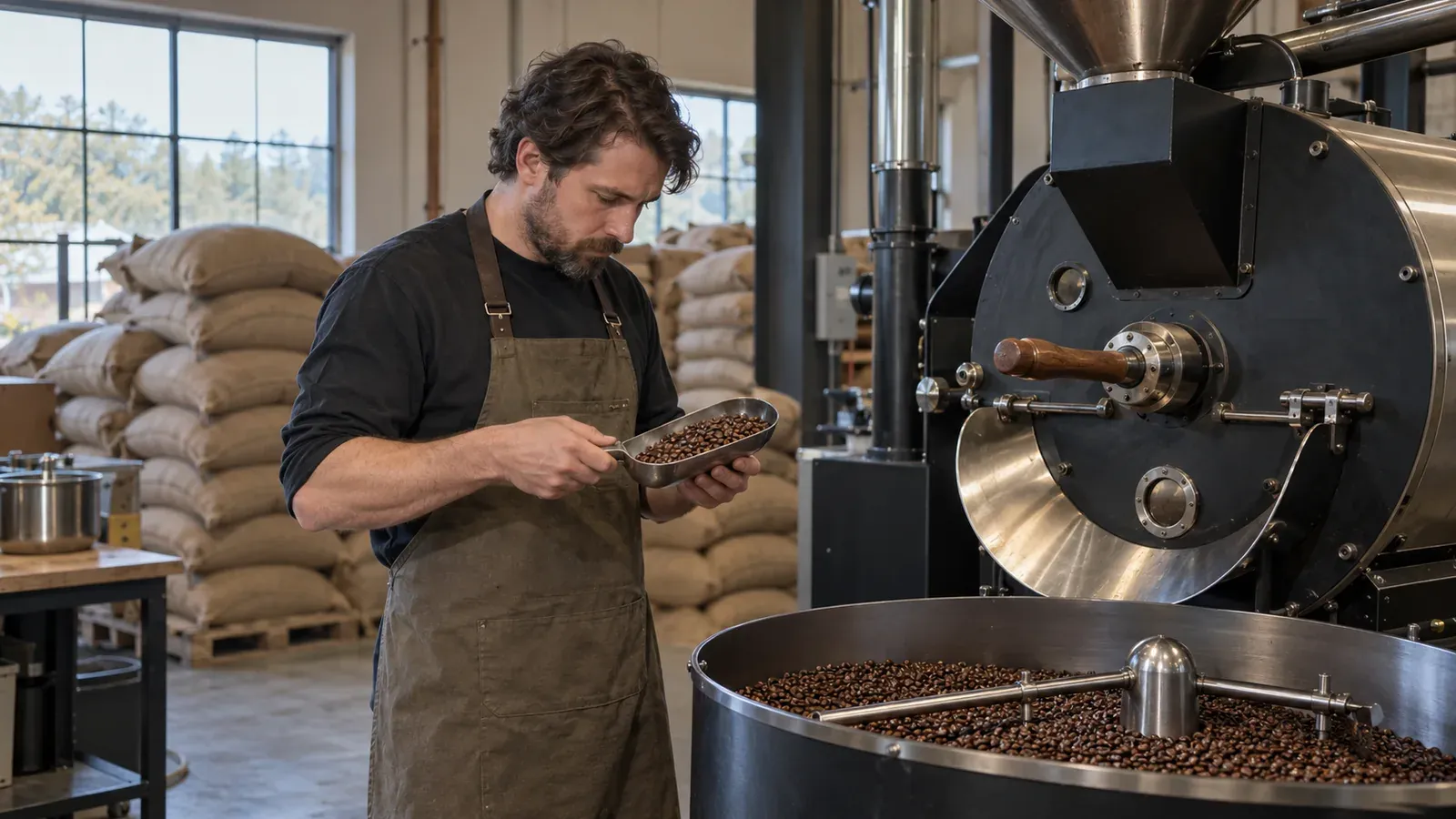 Roaster operator checking a sample of freshly roasted beans beside a drum roaster in a small Seattle roastery, burlap sacks stacked behind