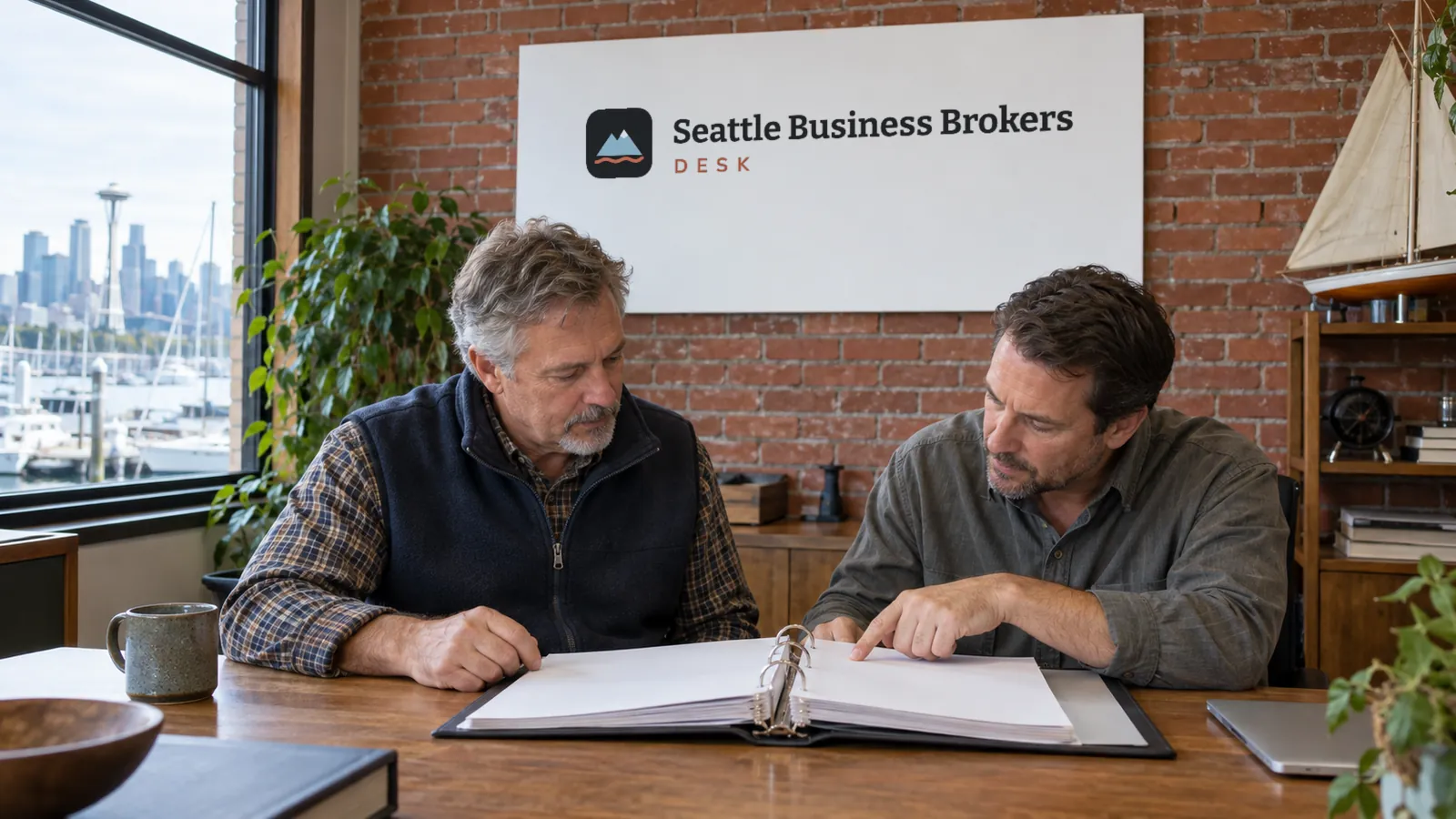 Owner of a Seattle marine supply company reviewing a sale binder with an advisor in a small office, the Seattle Business Brokers Desk logo on the glass door behind them