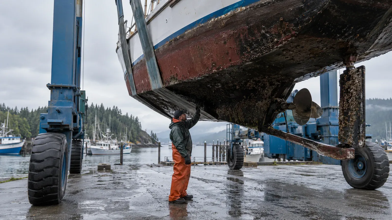 Marine mechanic in rain gear inspecting the hull of a fishing boat hauled out on a travel lift at a Seattle boatyard, gray sky