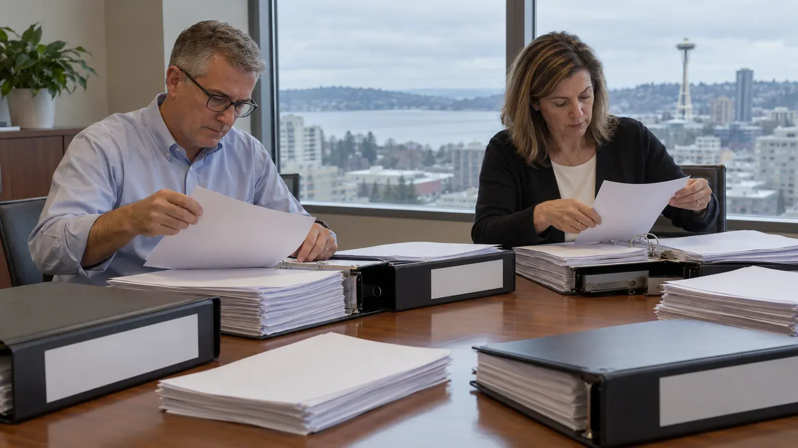 Two partners of a Seattle distribution company sorting contracts and tax returns into labeled binders on a conference table, overcast light from the window